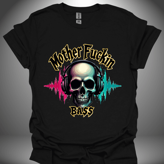 Unisex DJ T-shirt, 'Mother Fuckin Bass' design (colour version) in black, front view