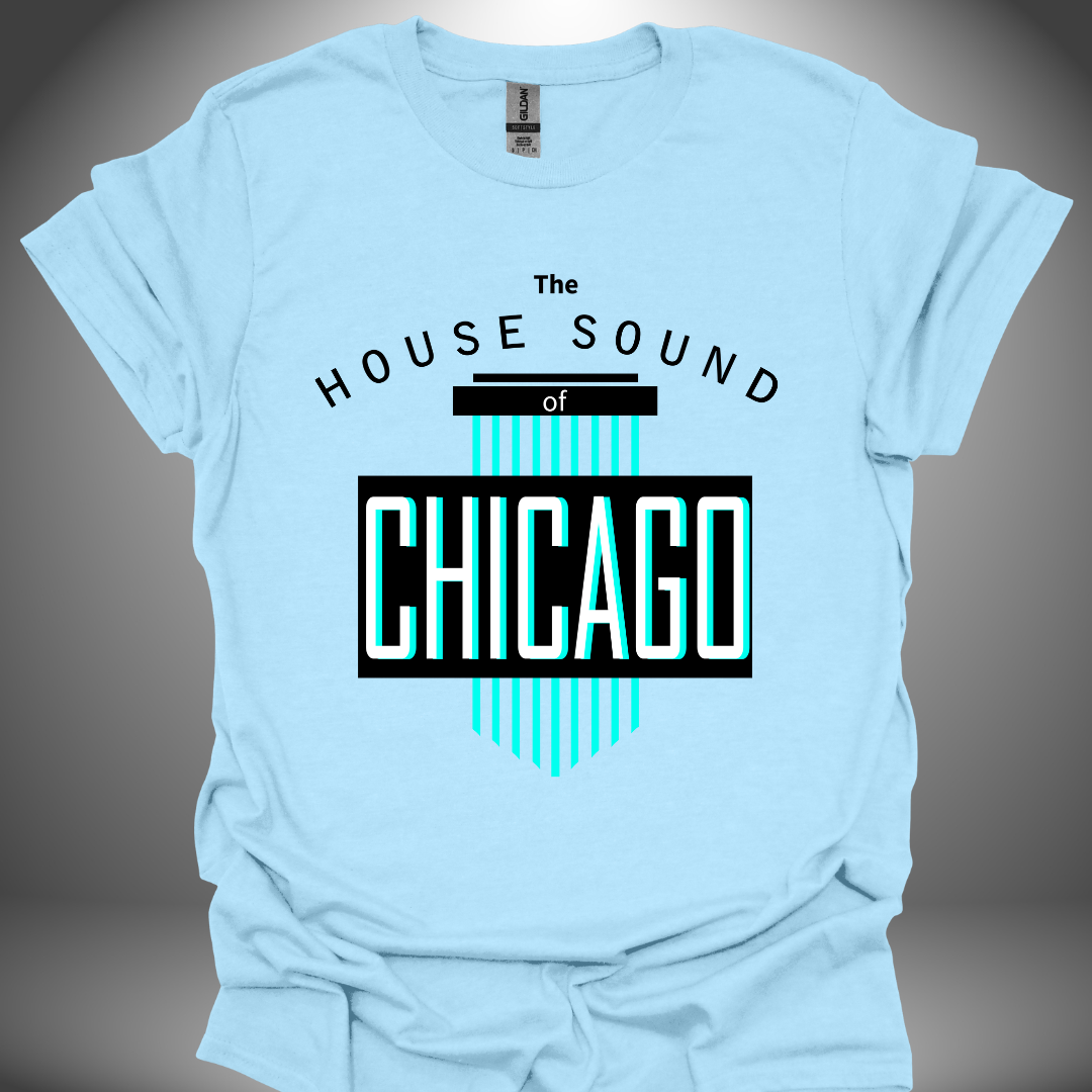 Unisex House Music T-shirt 'House Sound of Chicago' design in light blue, front view