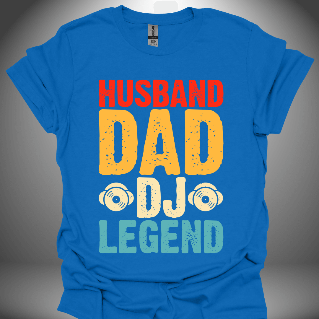 Funny DJ T-shirt, 'Husband DJ Legend' design in royal blue, front view