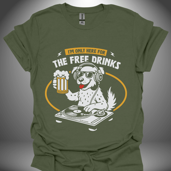 Funny DJ T-shirt, 'The Thirsty DJ' design in military green, front view