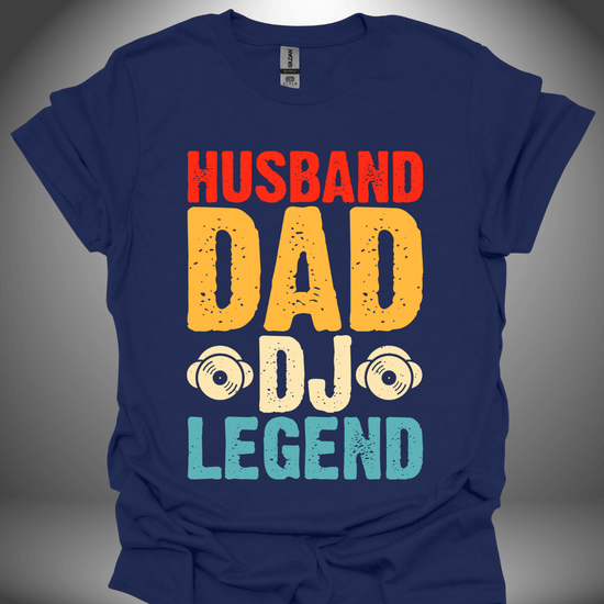 Funny DJ T-shirt, 'Husband DJ Legend' design in navy, front view