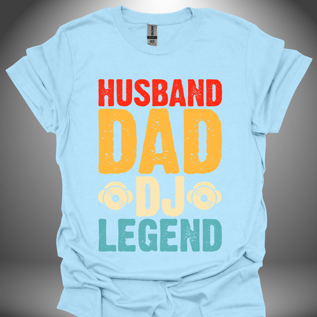 Funny DJ T-shirt, 'Husband DJ Legend' design in light blue, front view