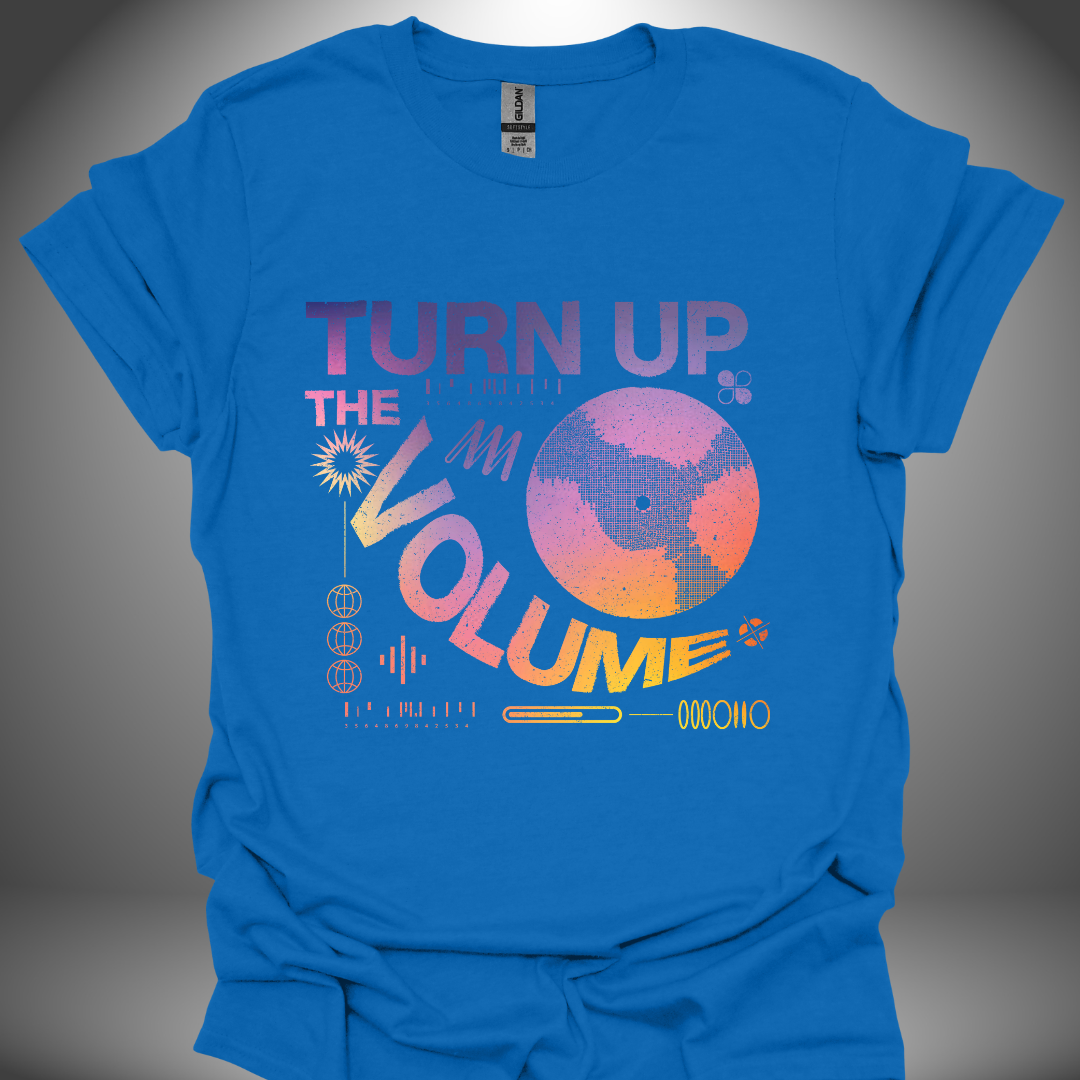 Unisex DJ T-shirt, 'Turn Up The Volume' design in royal blue, front view