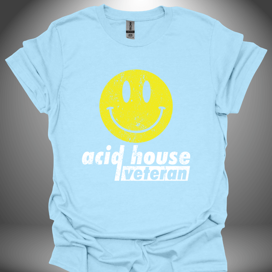 Unisex Acid House T-shirt 'Acid House Veteran' design in light blue, front view