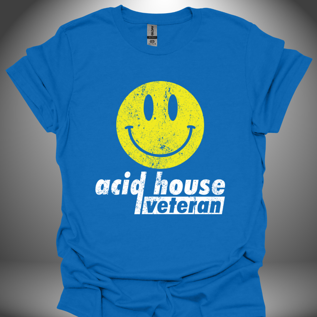 Unisex acid house T-shirt, 'Acid House Veteran' design in royal blue, front view