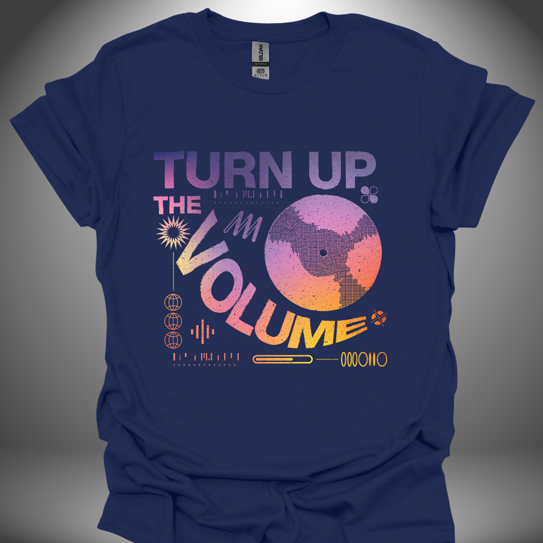 Unisex DJ T-shirt, 'Turn Up The Volume' design in navy, front view