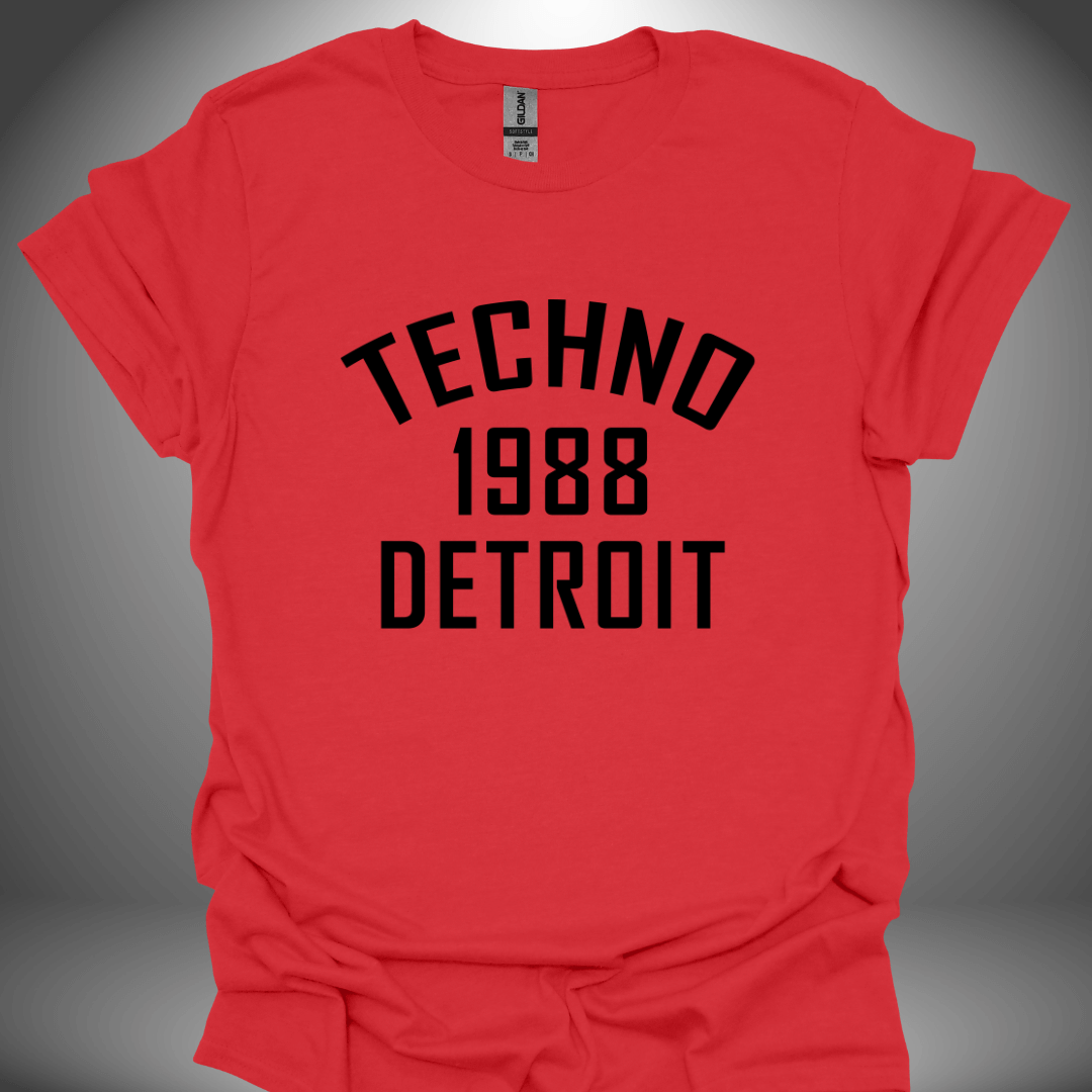 Unisex Techno T-shirt '1988 Detroit' design in red, front view