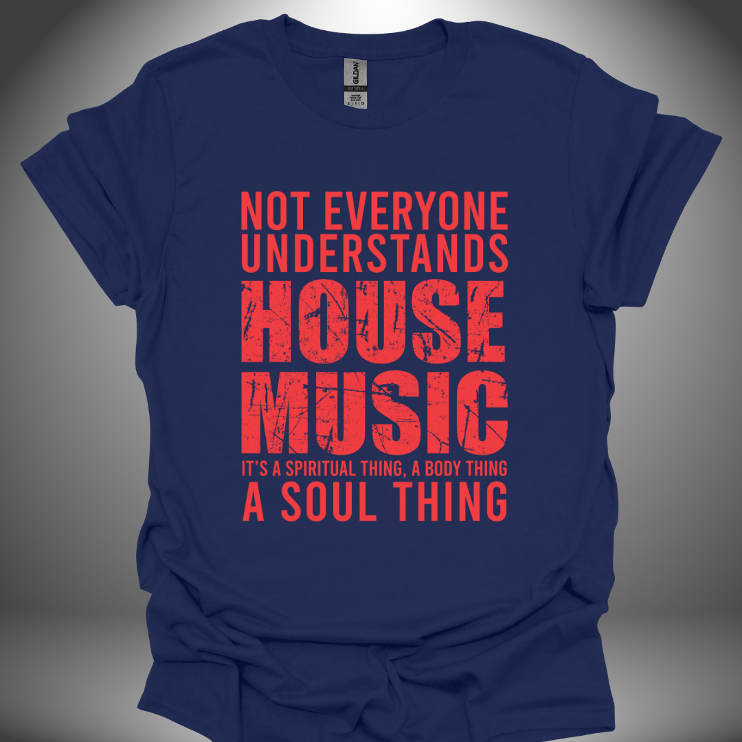 Unisex House Music T-shirt 'House Music Lover' design in navy, front view