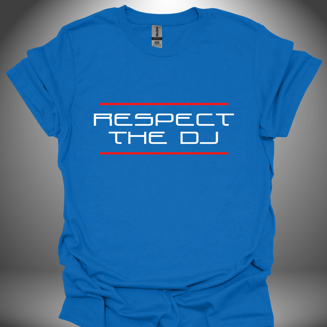 Unisex DJ T-shirt, 'Respect The DJ' design in royal blue, front view