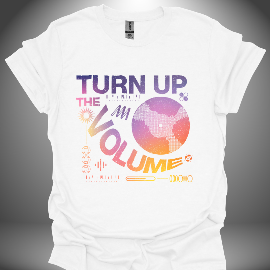 Unisex DJ T-shirt, 'Turn Up The Volume' design in white, front view