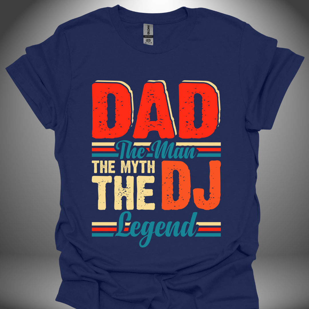 Unisex DJ T-shirt, 'DJ Dad Legend' design in navy, front view