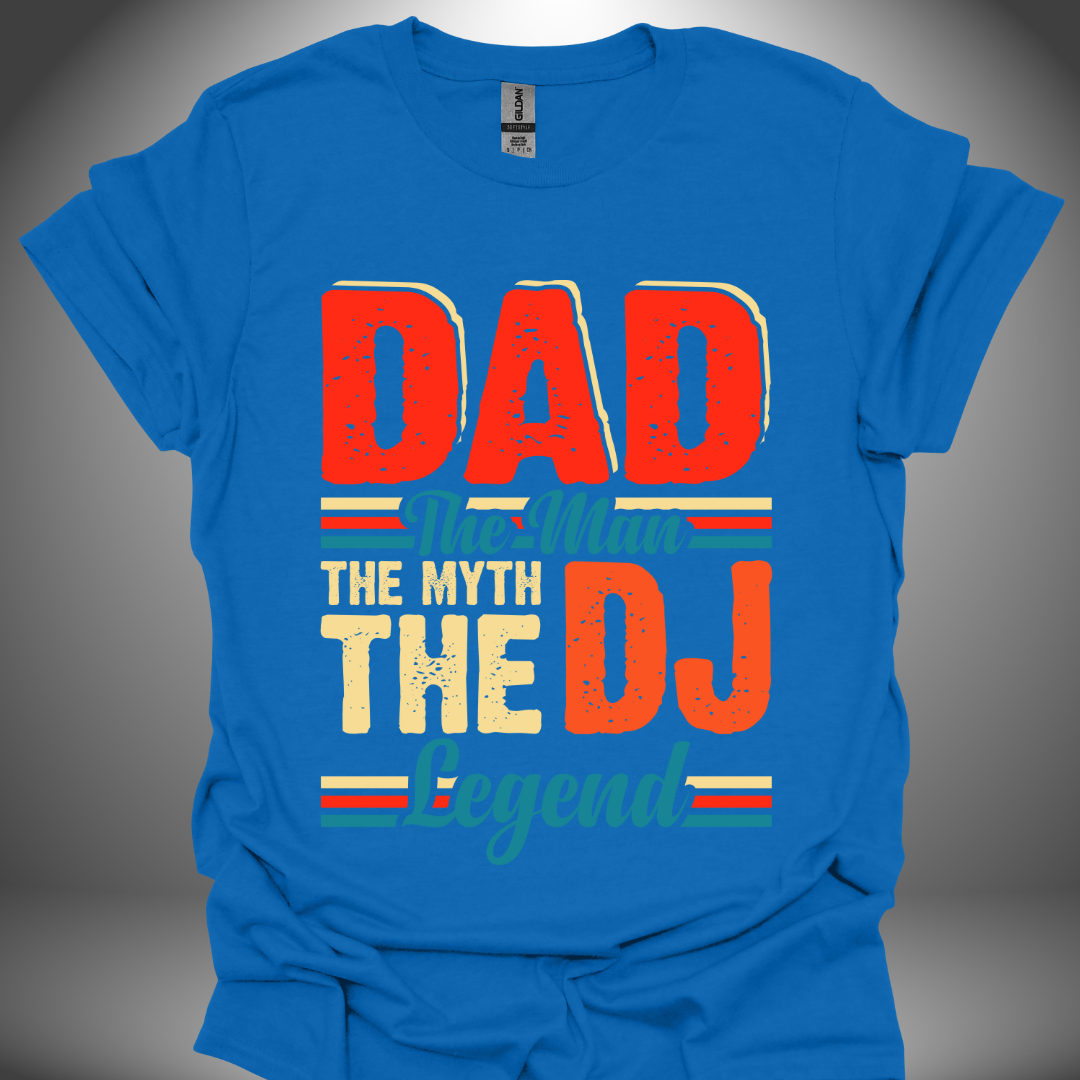 Unisex DJ T-shirt, 'DJ Dad Legend' design in royal blue, front view