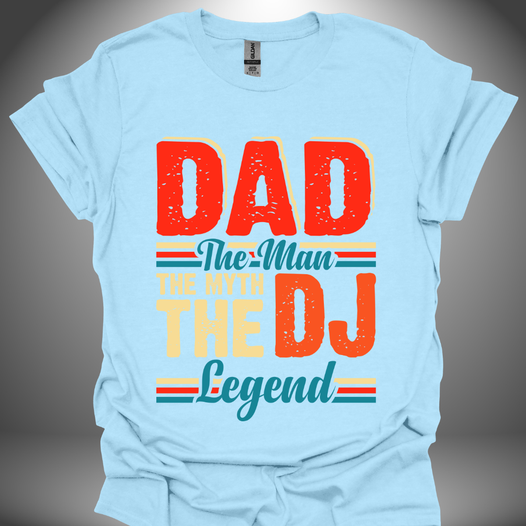 Unisex DJ T-shirt, 'DJ Dad Legend' design in light blue, front view