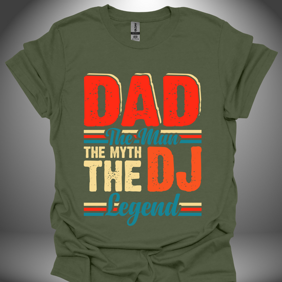 Unisex DJ T-shirt, 'DJ Dad Legend' design in military green, front view