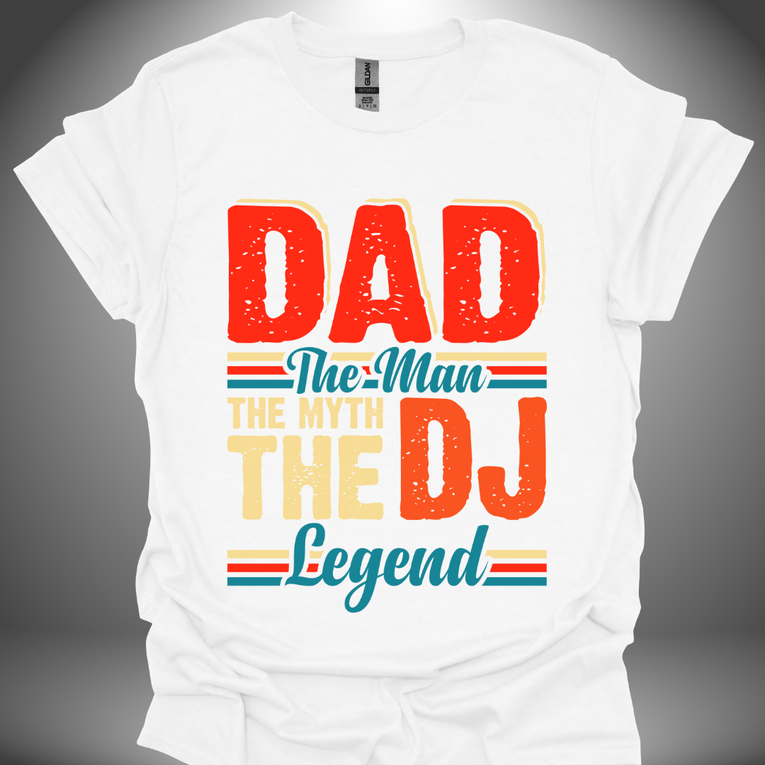 Unisex DJ T-shirt, 'DJ Dad Legend' design in white, front view