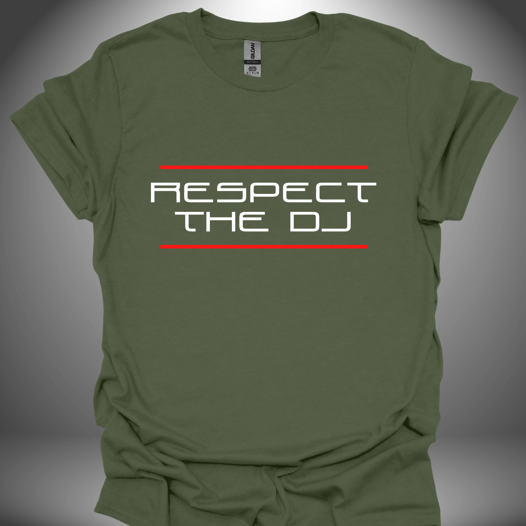 Unisex DJ T-shirt, 'Respect The DJ' design in military green, front view