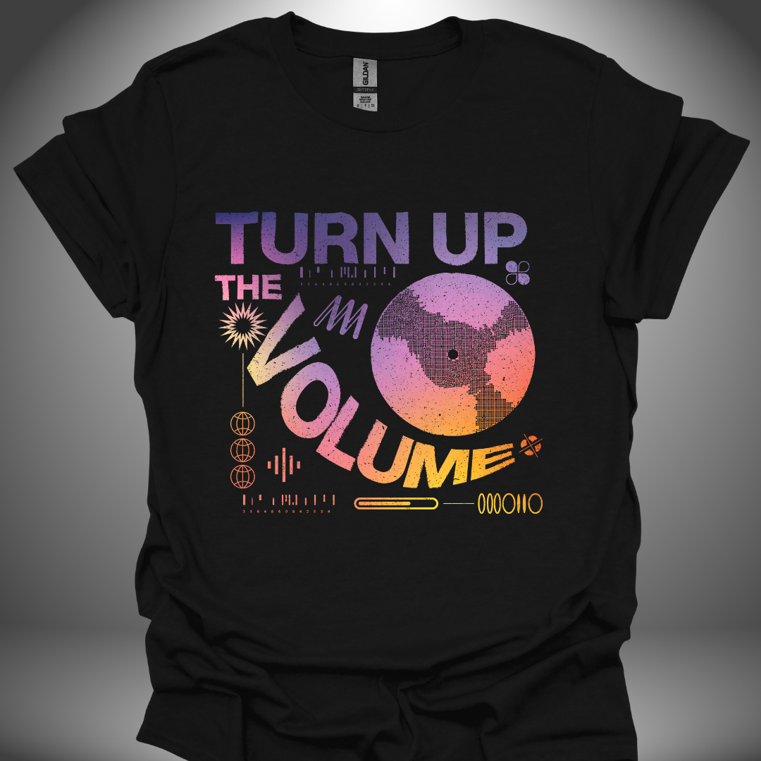 Unisex DJ T-shirt, 'Turn Up The Volume' design in black, front view