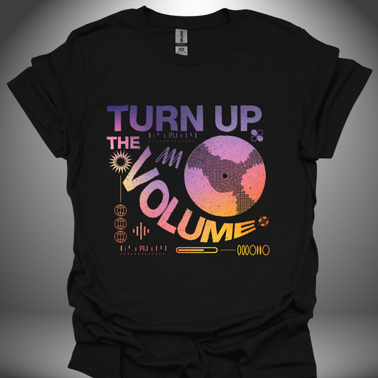 Unisex DJ T-shirt, 'Turn Up The Volume' design in black, front view