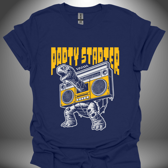 Unisex DJ T-shirt, 'Party Starter' design in navy, front view