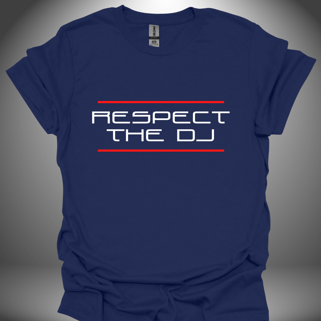 Unisex DJ T-shirt, 'Respect The DJ' design in navy, front view