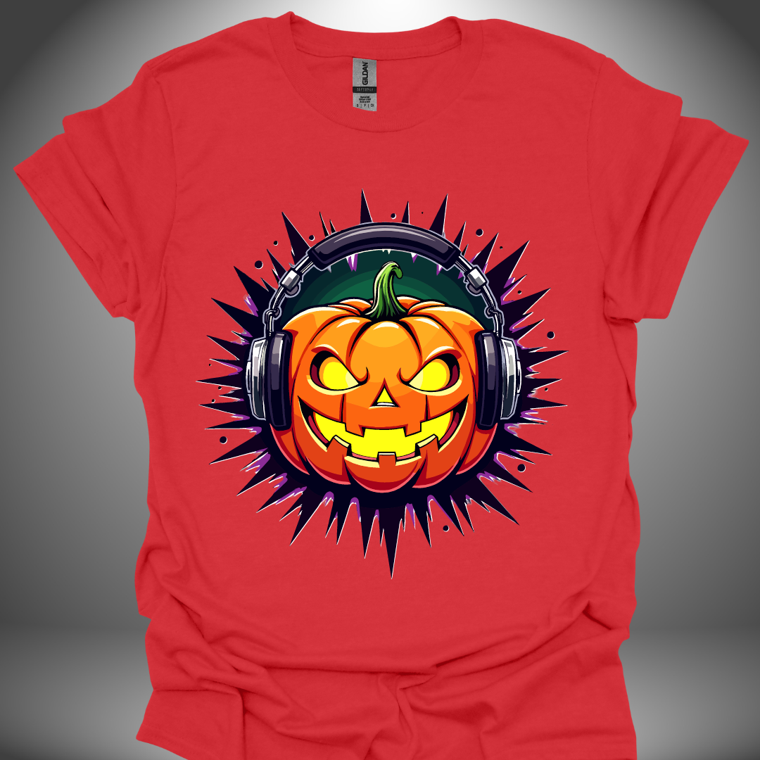 Halloween DJ T-shirt, 'Pumpkin Beats' design in red, front view