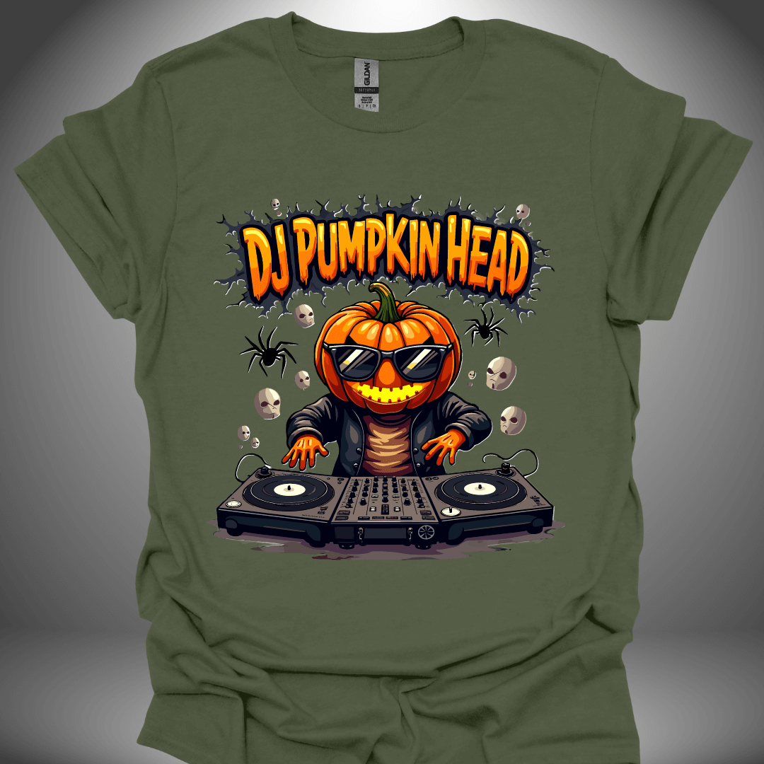 Halloween DJ T-shirt, 'DJ Pumpkin Head' design in military green, front view