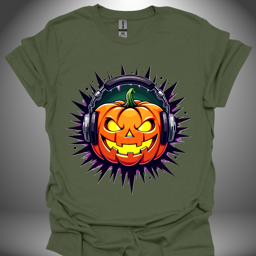 Halloween DJ T-shirt, 'Pumpkin Beats' design in military green, front view