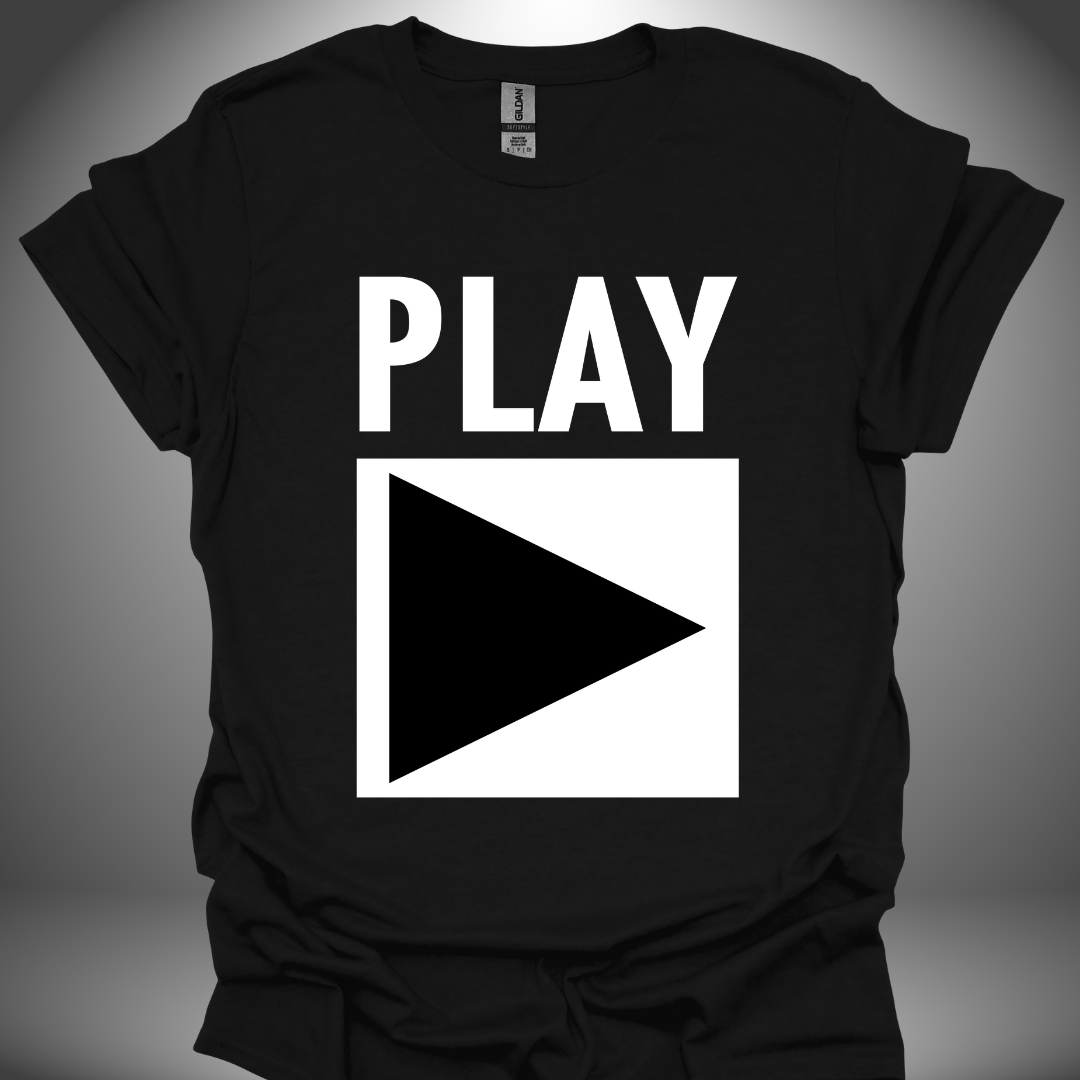 Unisex DJ T-shirt, 'Play' design in black, front view