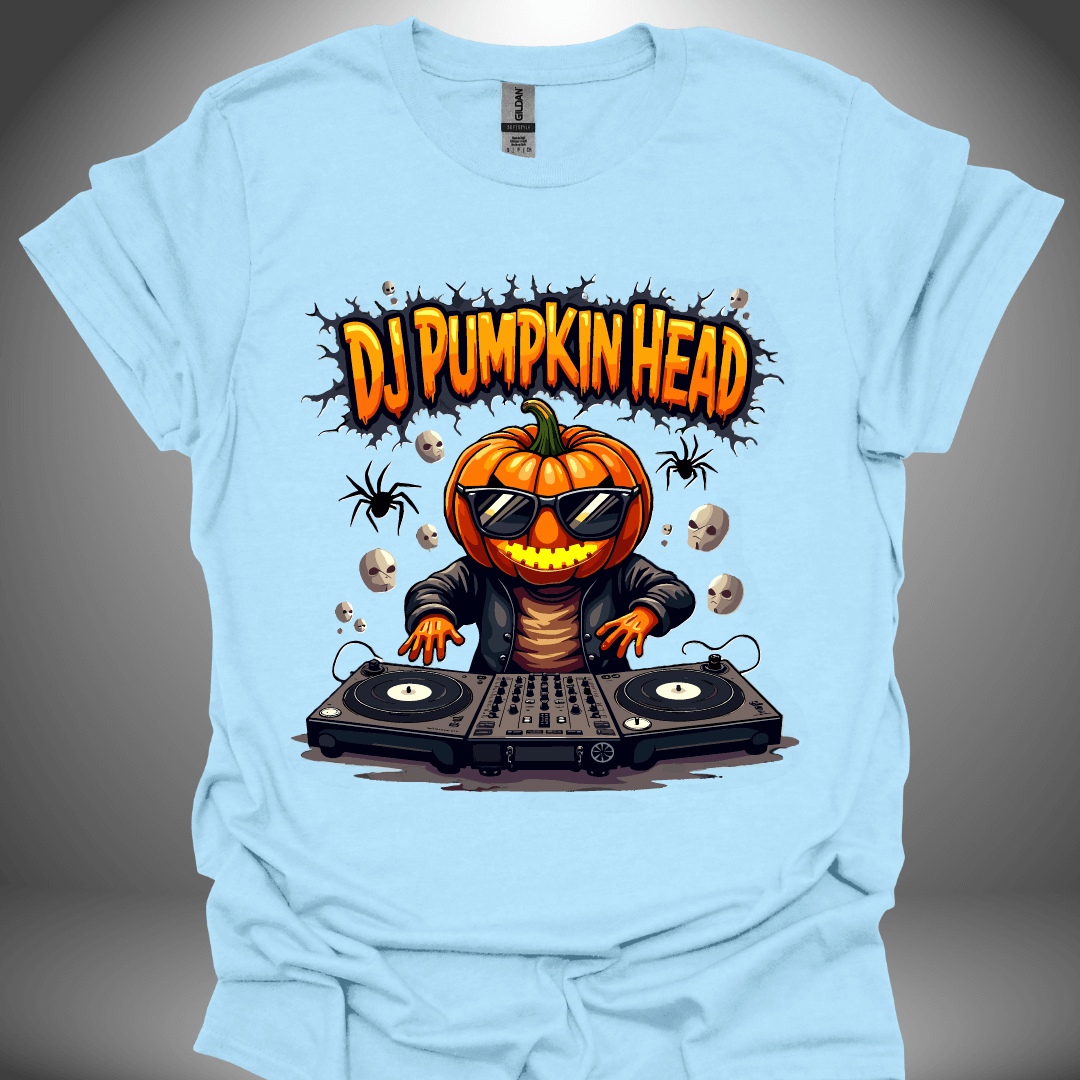 Halloween DJ T-shirt, 'DJ Pumpkin Head' design in light blue, front view