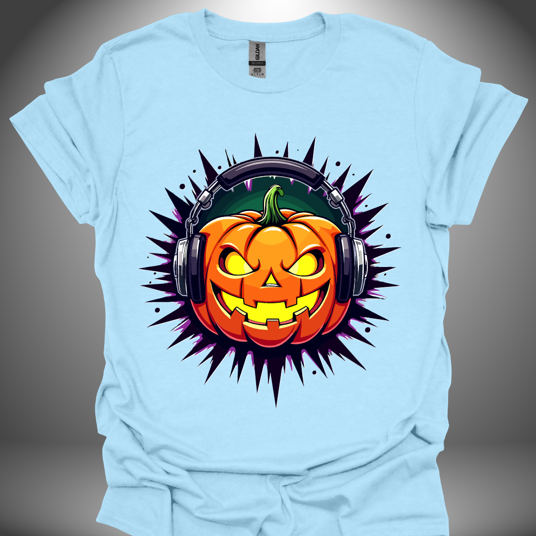 Halloween DJ T-shirt, 'Pumpkin Beats' design in light blue, front view