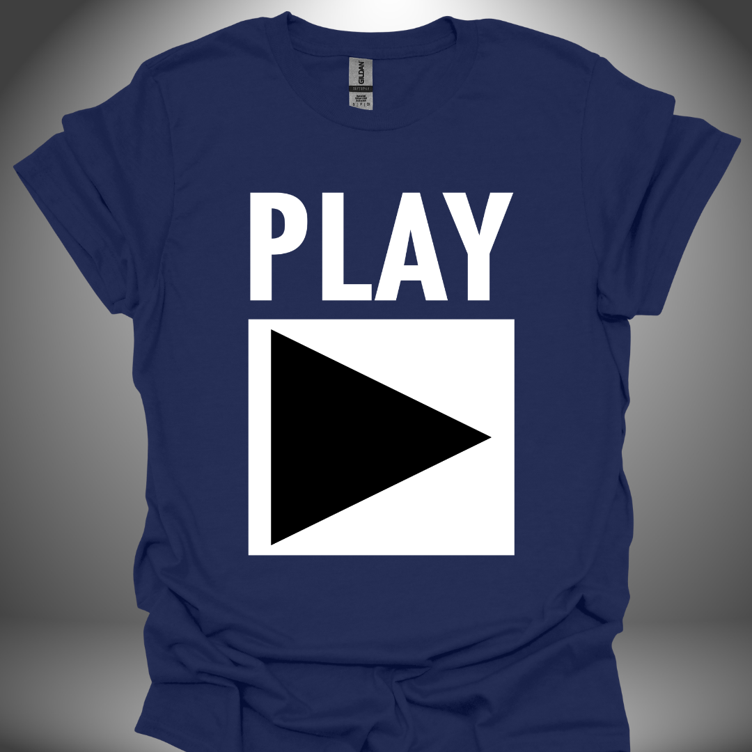 Unisex DJ T-shirt, 'Play' design in navy, front view