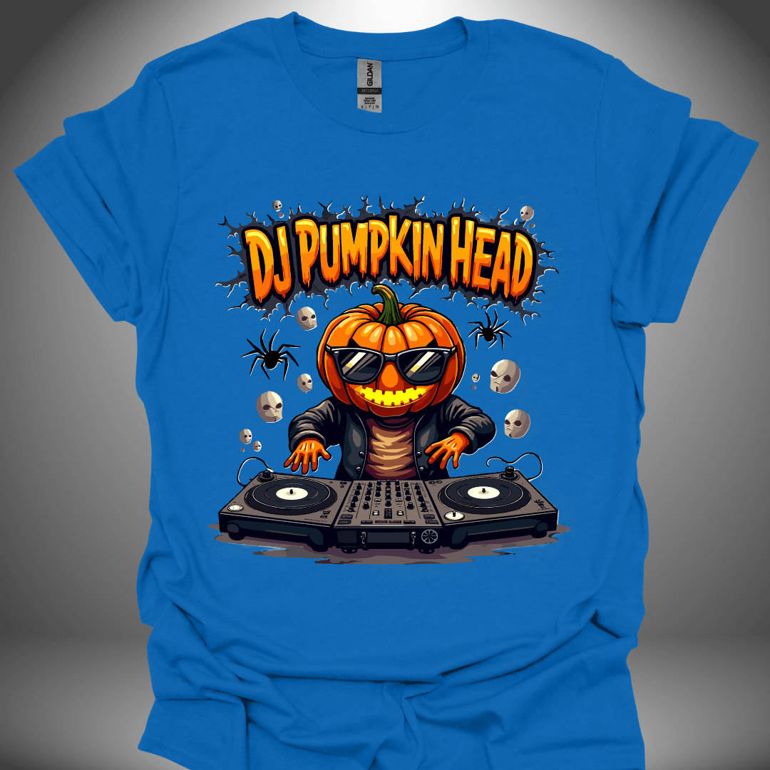 Halloween DJ T-shirt, 'DJ Pumpkin Head' design in royal blue, front view