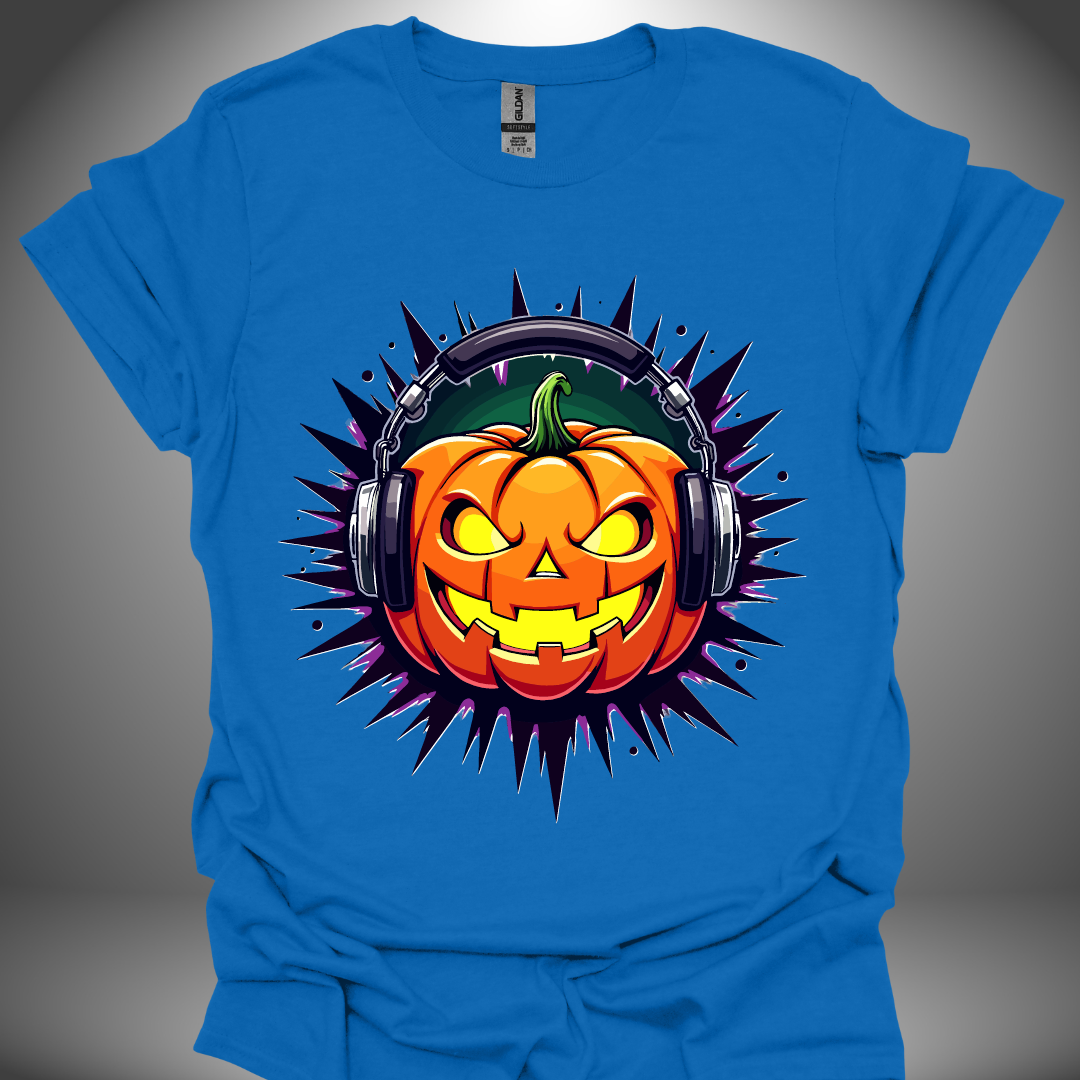 Halloween DJ T-shirt, 'Pumpkin Beats' design in royal blue, front view