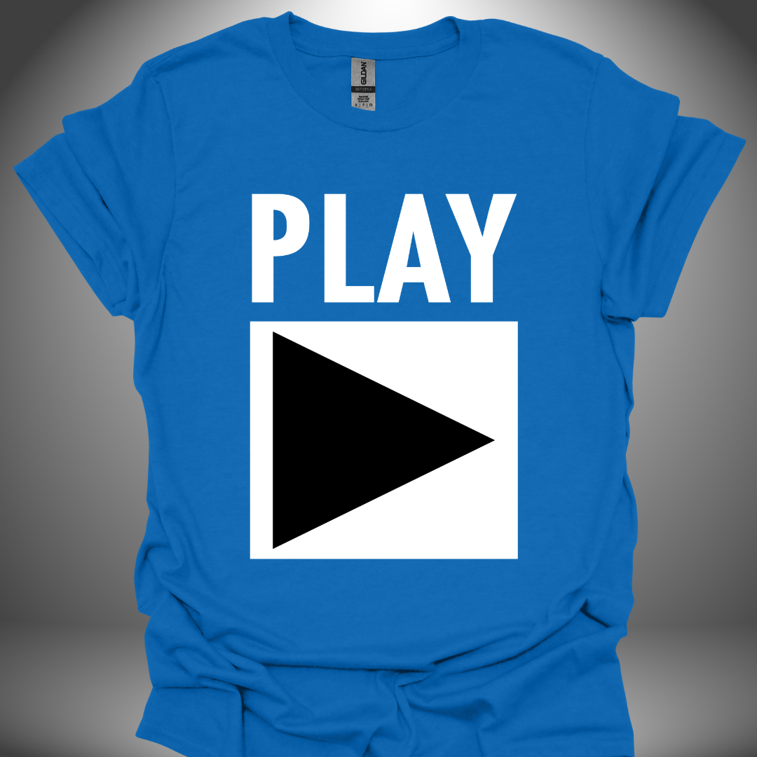 Unisex DJ T-shirt, 'Play' design in royal blue, front view