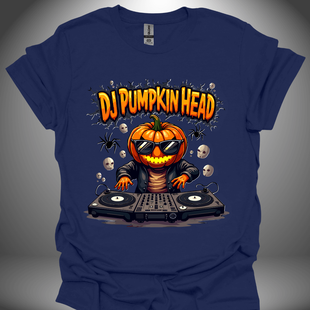 Halloween DJ T-shirt, 'DJ Pumpkin Head' design in navy, front view