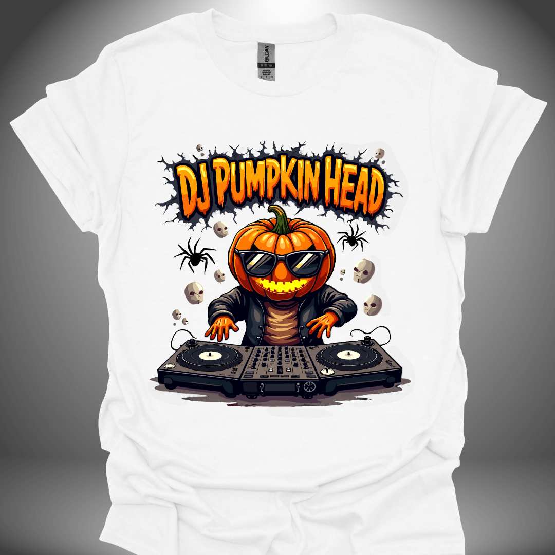 Halloween DJ T-shirt, 'DJ Pumpkin Head' design in white, front view