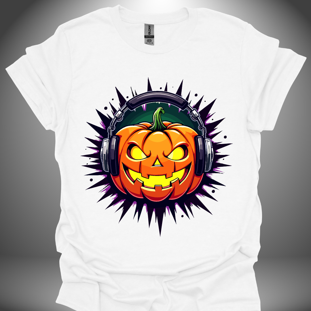 Halloween DJ T-shirt, 'Pumpkin Beats' design in white, front view