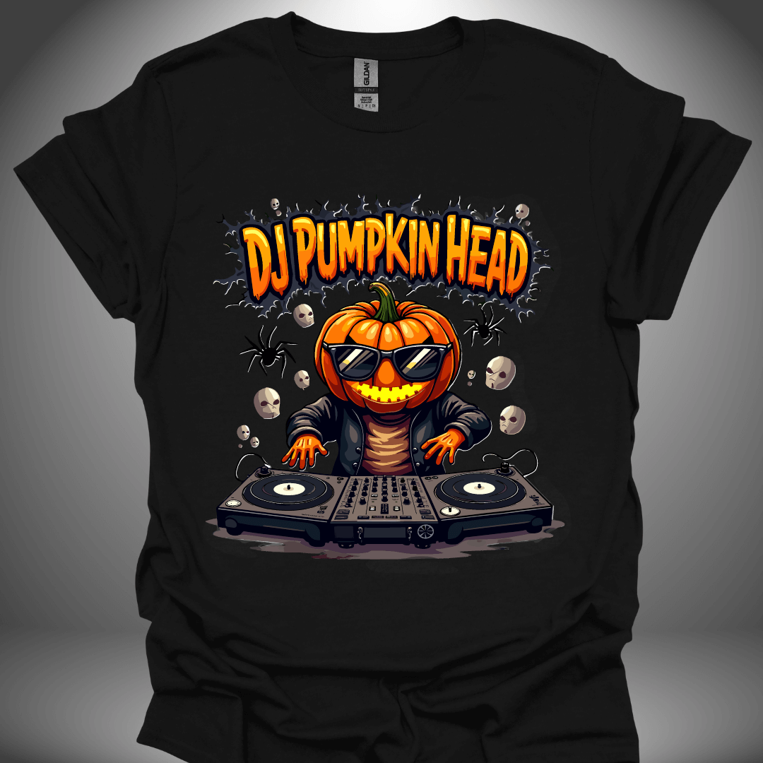 Halloween DJ T-shirt, 'DJ Pumpkin Head' design in black, front view