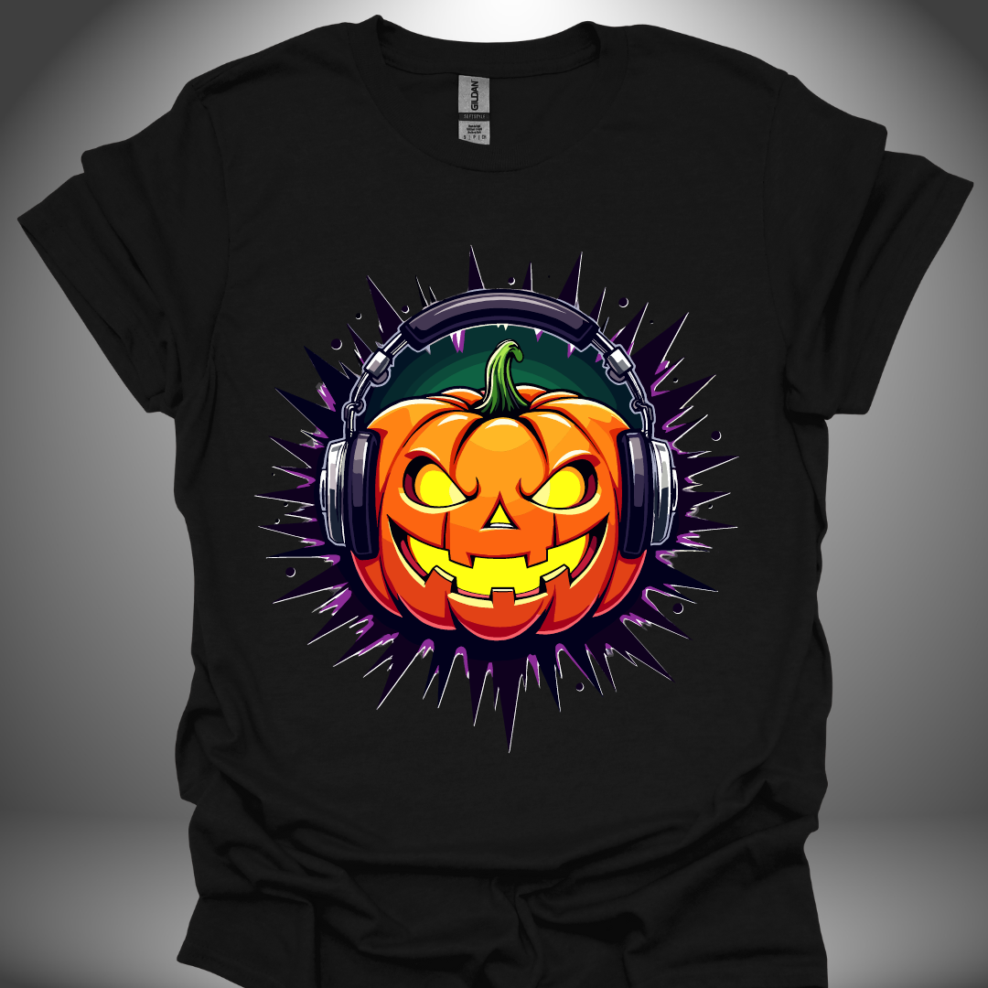 Halloween DJ T-shirt, 'Pumpkin Beats' design in black, front view