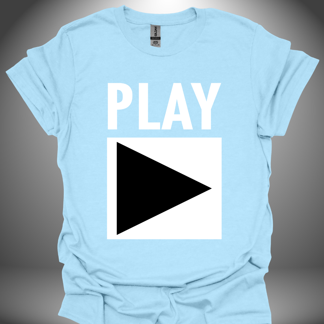 Unisex DJ T-shirt, 'Play' design in light blue, front view