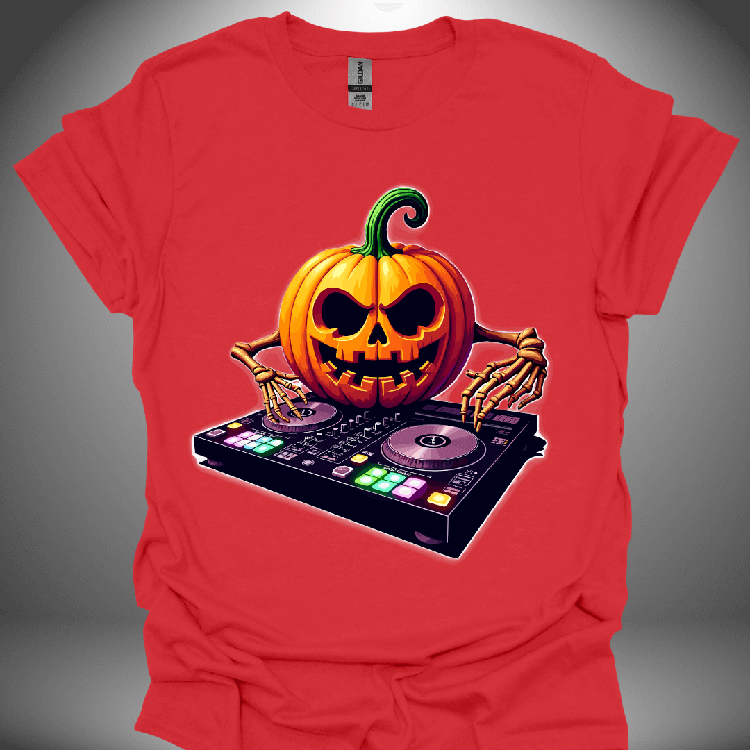 Halloween DJ T-shirt, 'DJ Pumpkin' design in red, front view