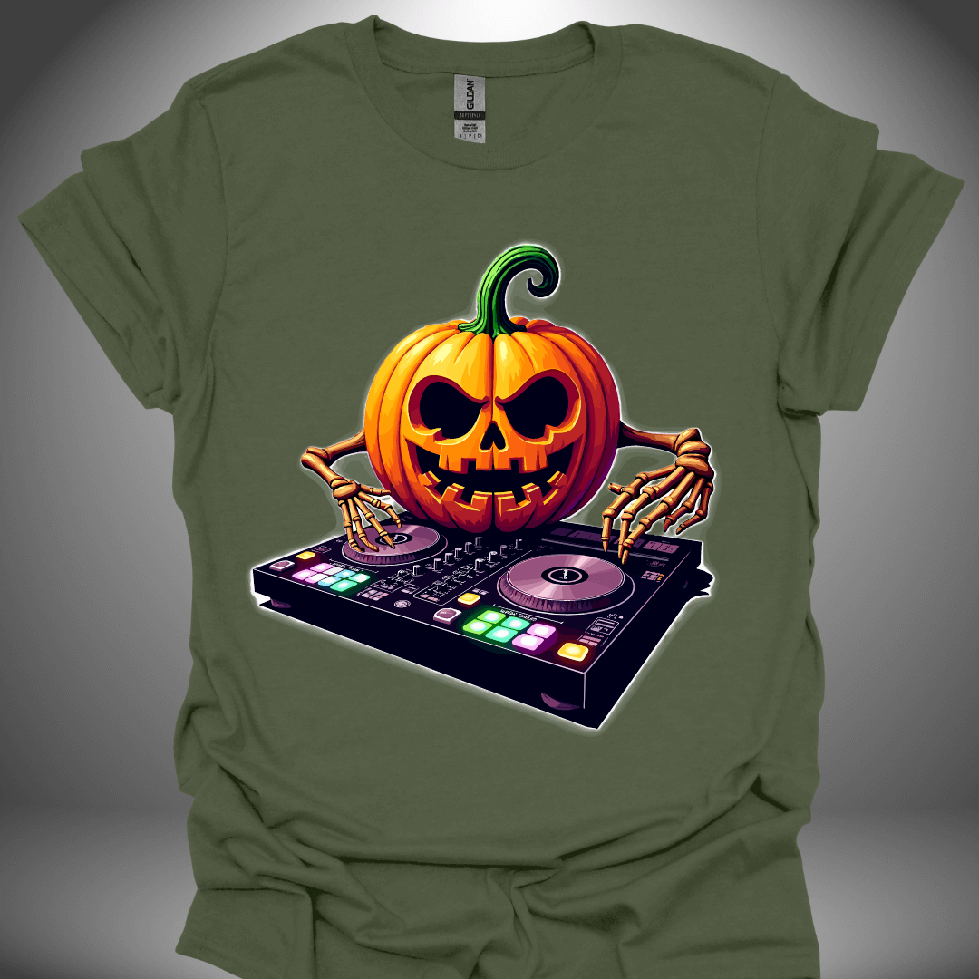 Halloween DJ T-shirt, 'DJ Pumpkin' design in military green, front view