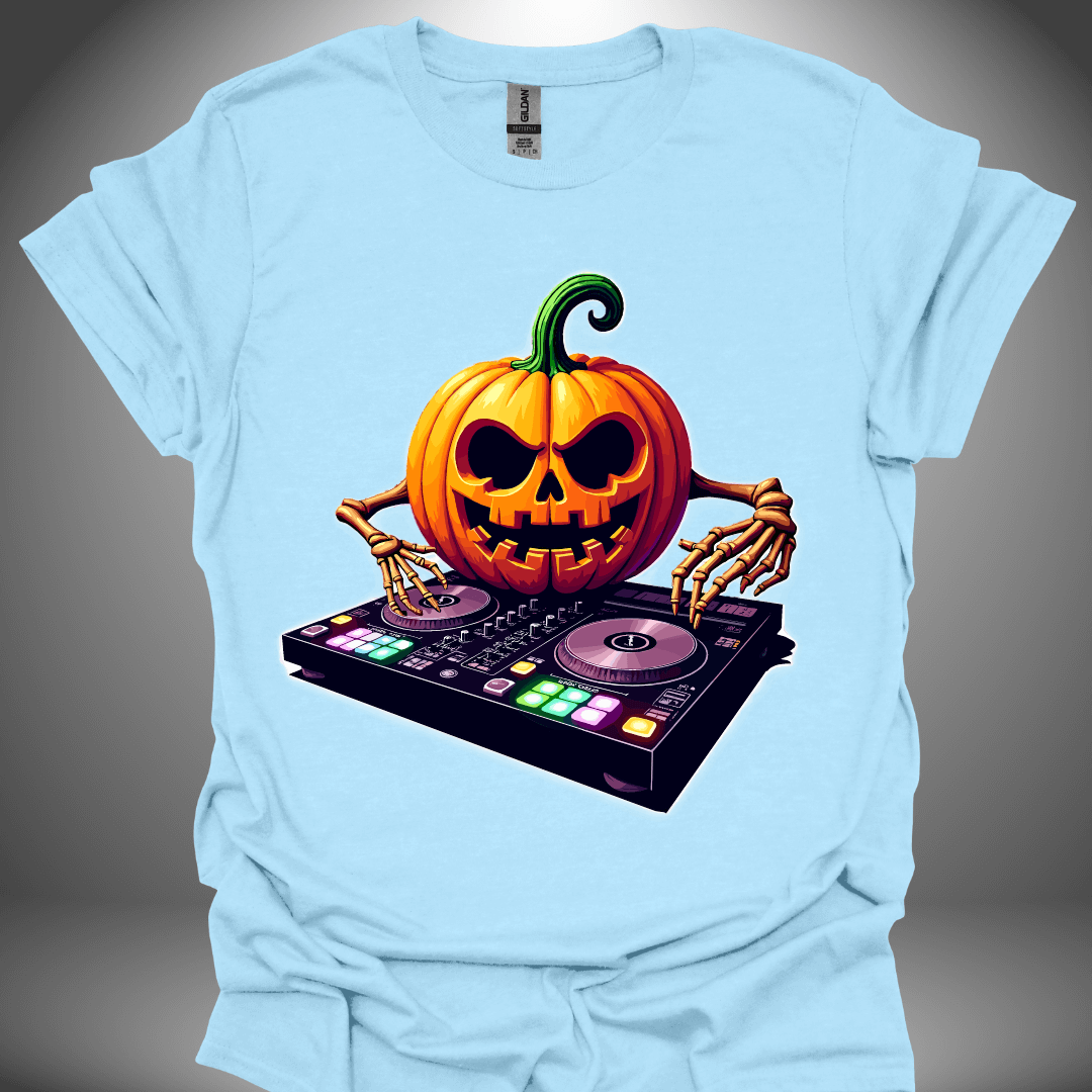 Halloween DJ T-shirt, 'DJ Pumpkin' design in light blue, front view