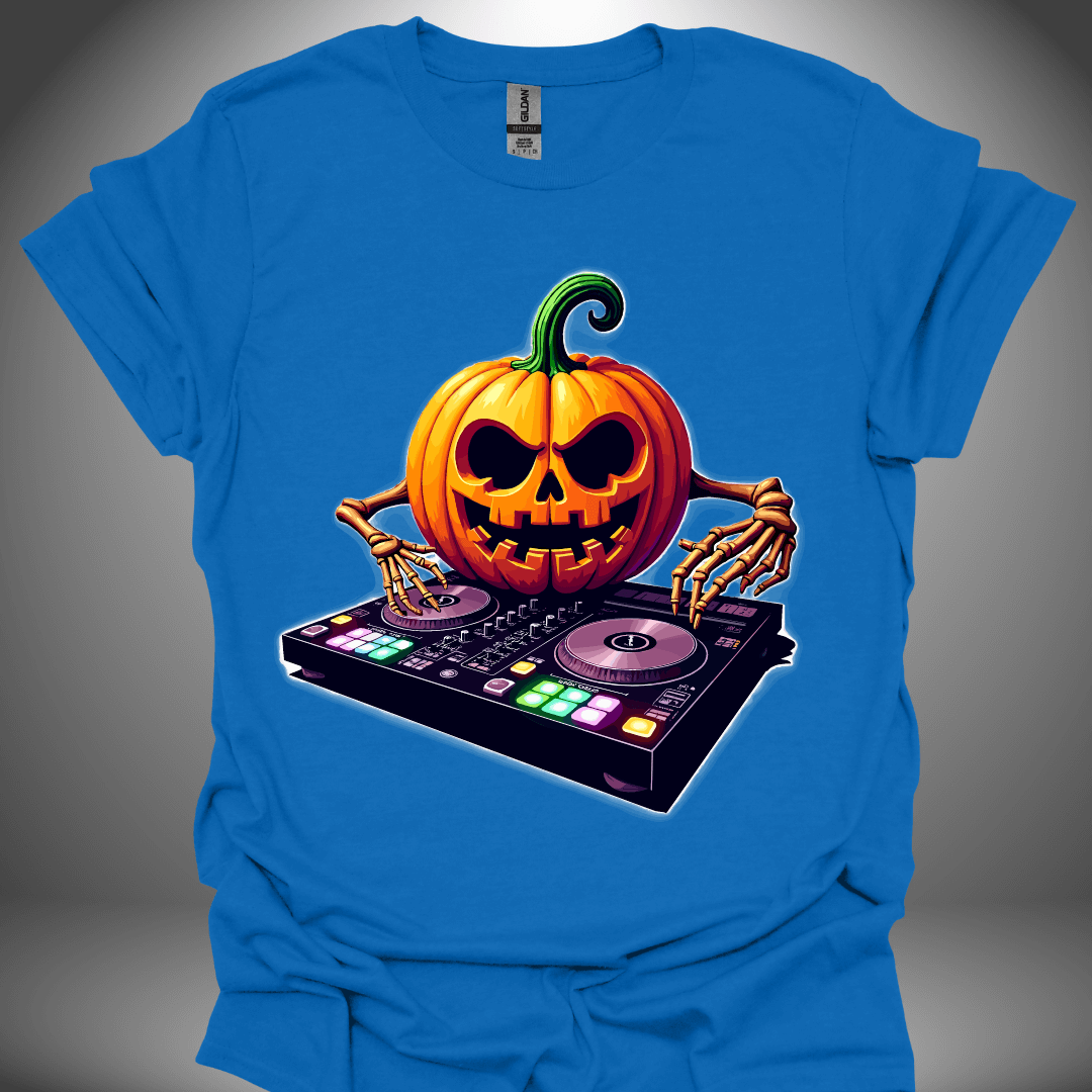 Halloween DJ T-shirt, 'DJ Pumpkin' design in royal blue, front view