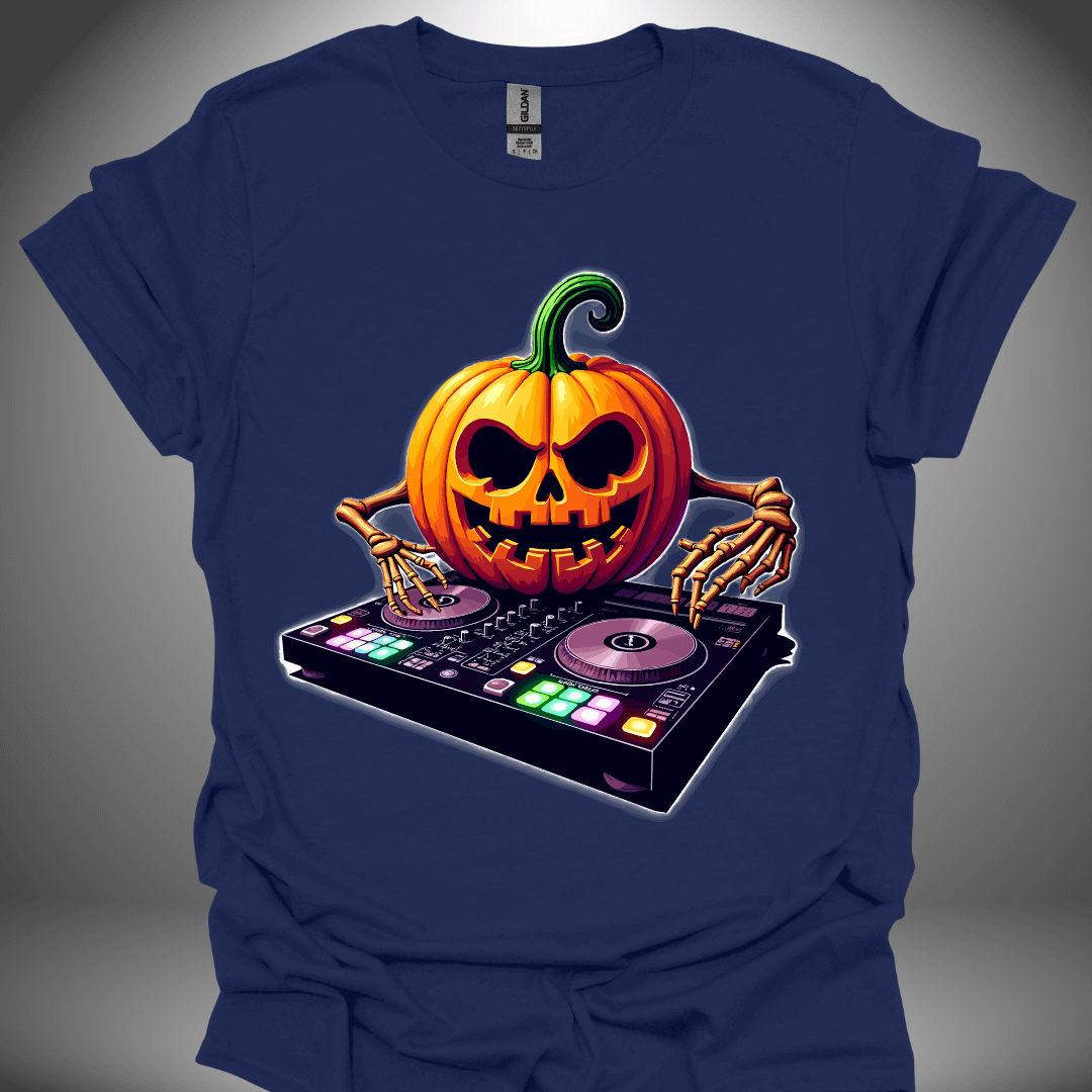 Halloween DJ T-shirt, 'DJ Pumpkin' design in navy, front view