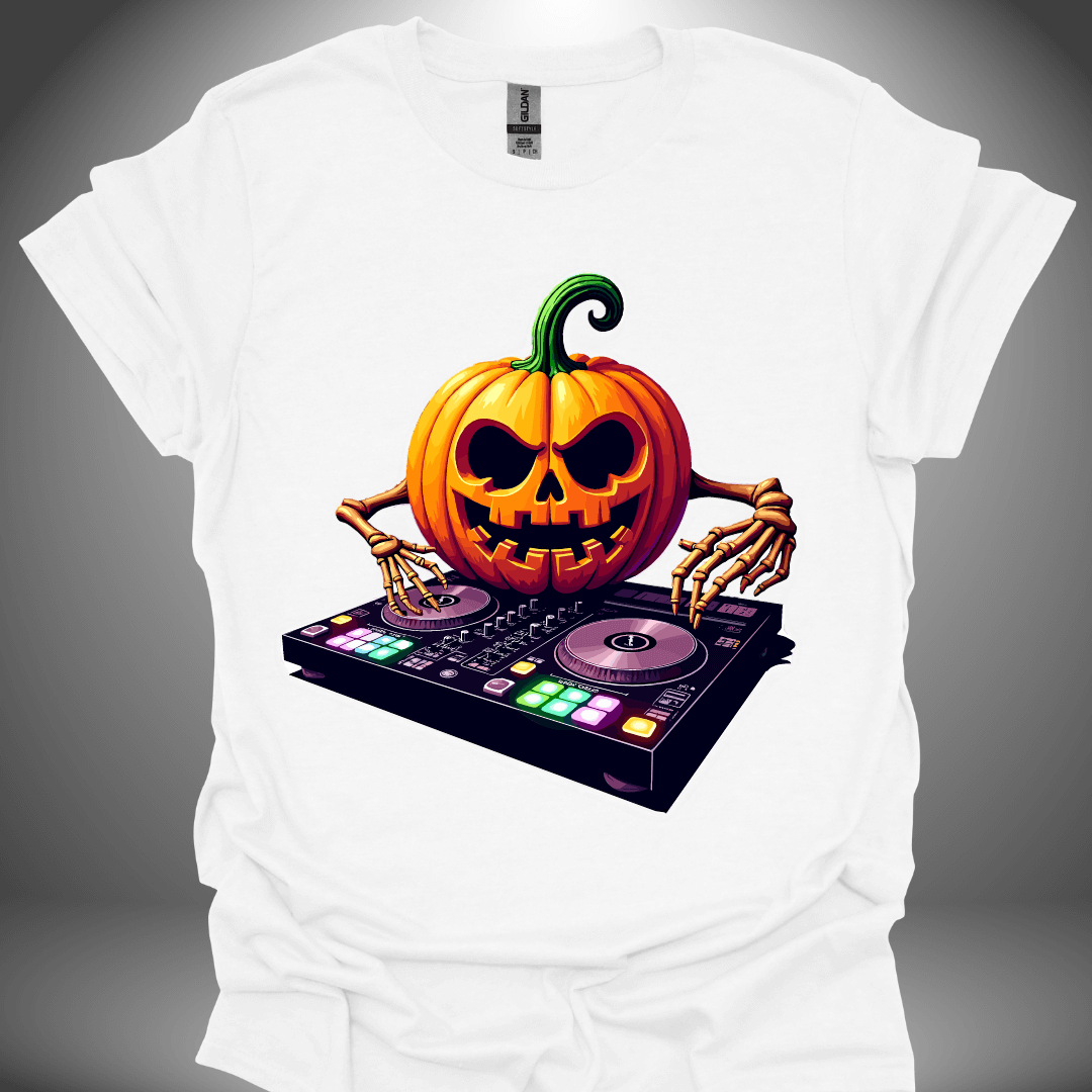 Halloween DJ T-shirt, 'DJ Pumpkin' design in white, front view