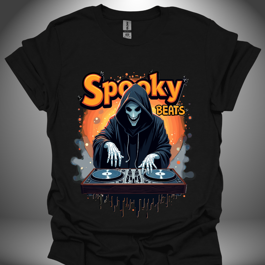 Halloween DJ T-shirt, 'Spooky Beats' design in black, front view