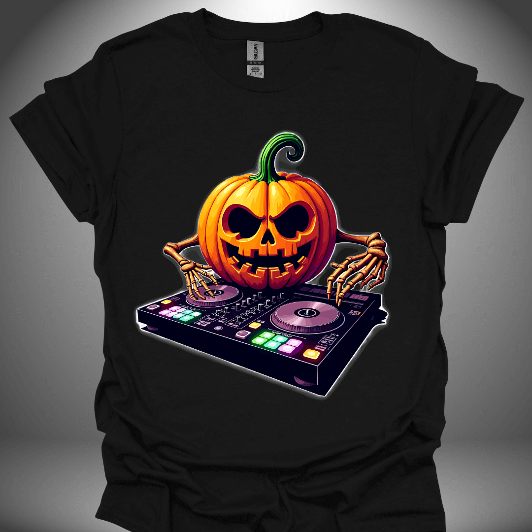 Halloween DJ T-shirt, 'DJ Pumpkin' design in black, front view