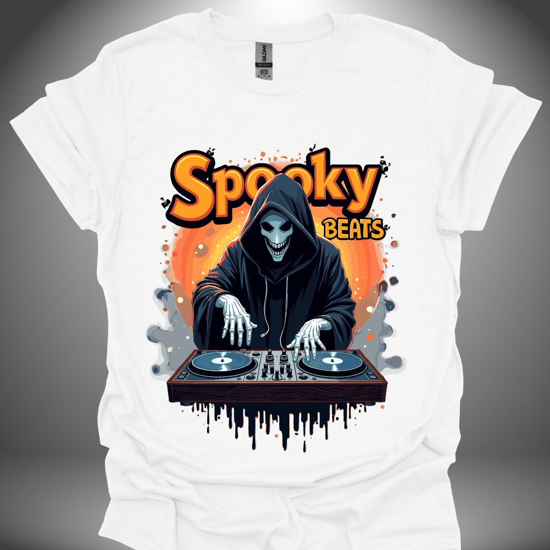 Halloween DJ T-shirt, 'Spooky Beats' design in white, front view