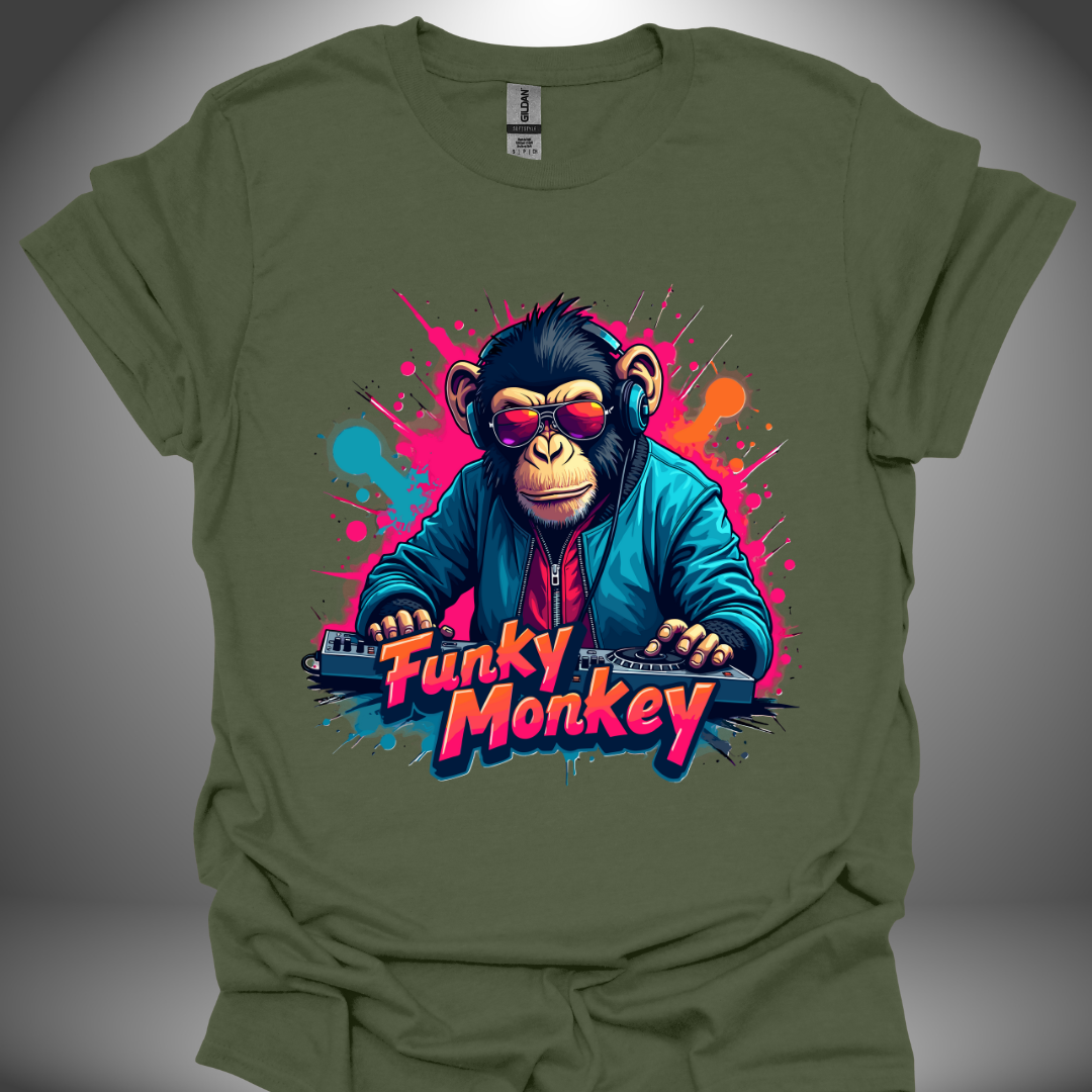 Unisex DJ T-shirt, 'Funky Monkey' design (with text) in military green, front view